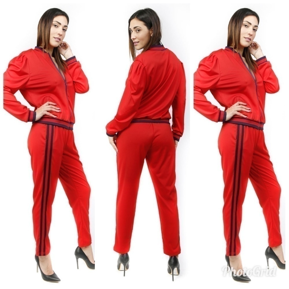 New Unisex Y2K Red Pant Set Long Sleeve Zipper